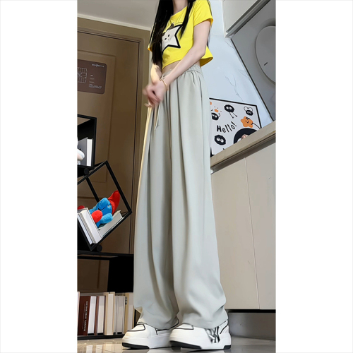 Thin, cool ice silk trousers for women, summer high-end trendy brand floor-length trousers, loose wide-leg straight casual trousers