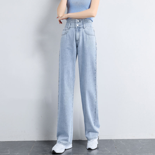 2024 Spring and Summer New High Waist Double Button Straight Jeans Women's Loose Casual Wide Leg Pants Versatile