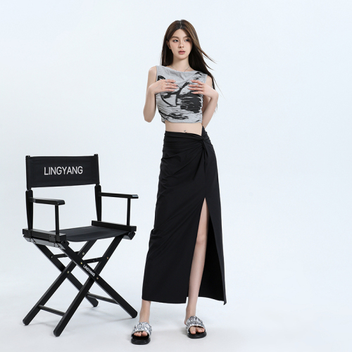 Real shot of women's summer 2024 new high-waist slim straight skirt with slits and long skirt