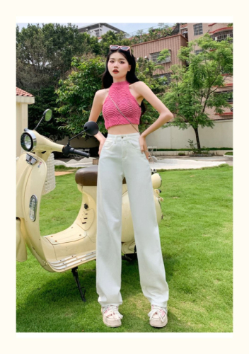 New Chinese style off-white narrow straight jeans for women summer thin national style large size high waist loose slimming wide legs