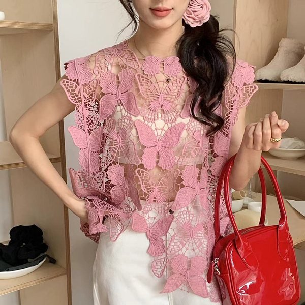 Vest Vest Women's Sleeveless Outerwear 2024 Summer New Layered Lace Butterfly Embroidered Hollow Blouse Top Trendy