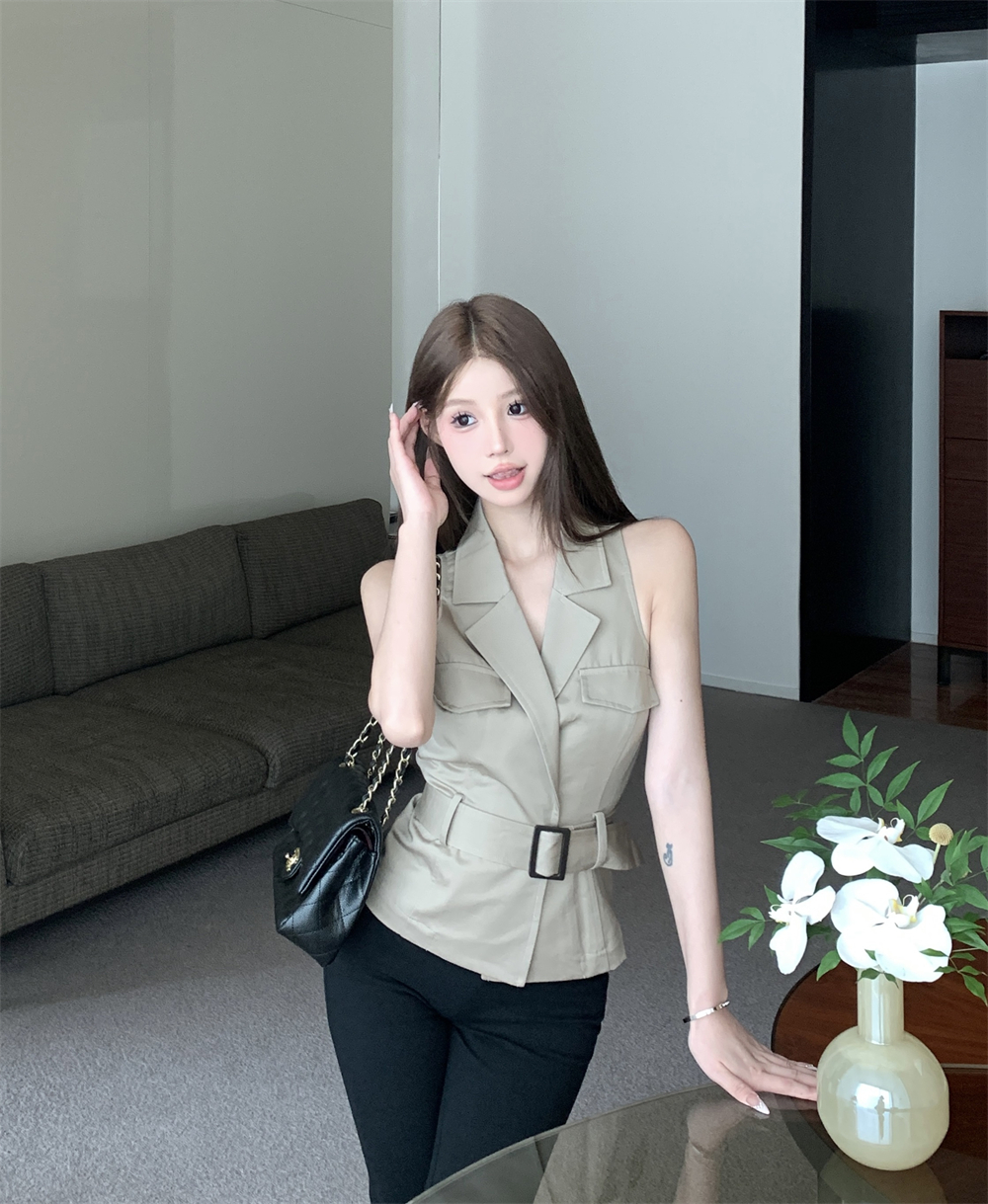 Khaki lapel belt short top for women summer retro hot girl design slim vest vest