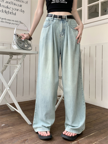 ~Vintage washed jeans women's high-waisted straight wide-leg slim and drapey floor-length trousers