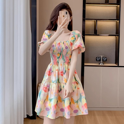 French gentle style dress for women summer new sweet puff sleeve waist waist floral skirt for little people