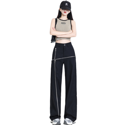 Real shot of summer thin loose high-waisted fashionable irregular wide-leg pants with zipper casual pants for women