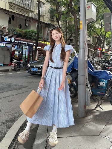 Actual shot ~ Korean style waist slimming striped short-sleeved artistic exquisite shirt dress