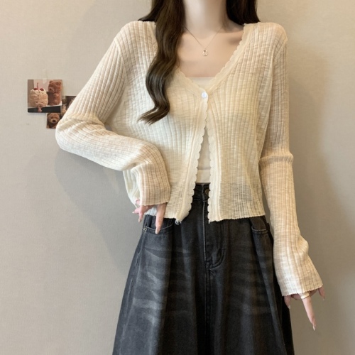 Large size ice silk sun protection cardigan thin women's summer shawl suspender skirt with blouse knitted top jacket