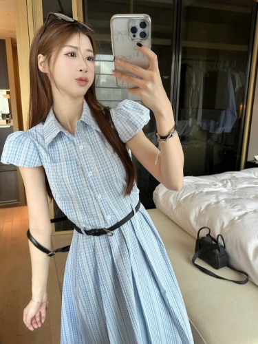 Actual shot ~ Korean style waist slimming striped short-sleeved artistic exquisite shirt dress