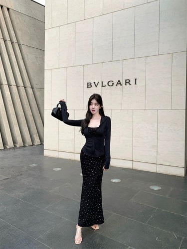 Han Yujia Black Square Neck Sleeveless Suspender Dress Women's Summer High-Level Slim Fit Hip Skirt Knitted Long Skirt