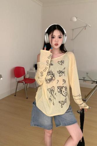 Actual shot of lazy cartoon print thin long-sleeved T-shirt women's loose sun protection blouse top