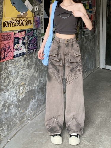 Real shot!  !  !  Special-shaped loose straight jeans for men and women *** niche deconstructed design wide leg pants