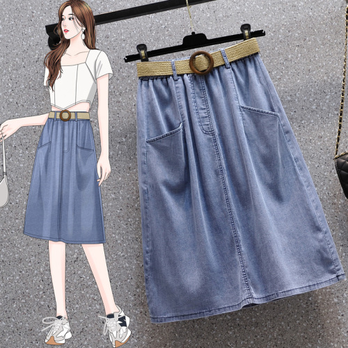 Real shot of summer large size elastic waist Tencel mid-length denim skirt for fat girls, thin, loose and slim A-line skirt