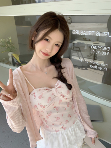 Summer Korean style small fresh floral camisole + short knitted cardigan sun protection shirt set for women