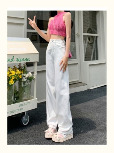 New Chinese style off-white narrow straight jeans for women summer thin national style large size high waist loose slimming wide legs