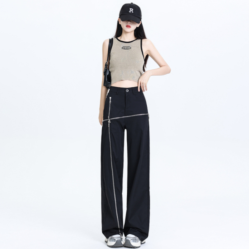 Real shot of summer thin loose high-waisted fashionable irregular wide-leg pants with zipper casual pants for women