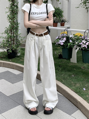 ~Vintage washed jeans women's high-waisted straight wide-leg slim and drapey floor-length trousers