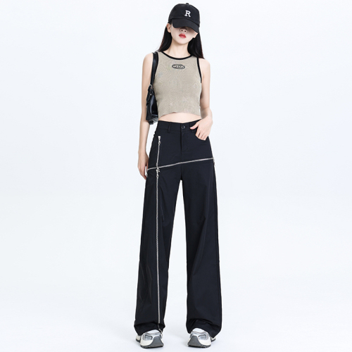 Real shot of summer thin loose high-waisted fashionable irregular wide-leg pants with zipper casual pants for women