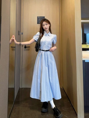 Actual shot ~ Korean style waist slimming striped short-sleeved artistic exquisite shirt dress