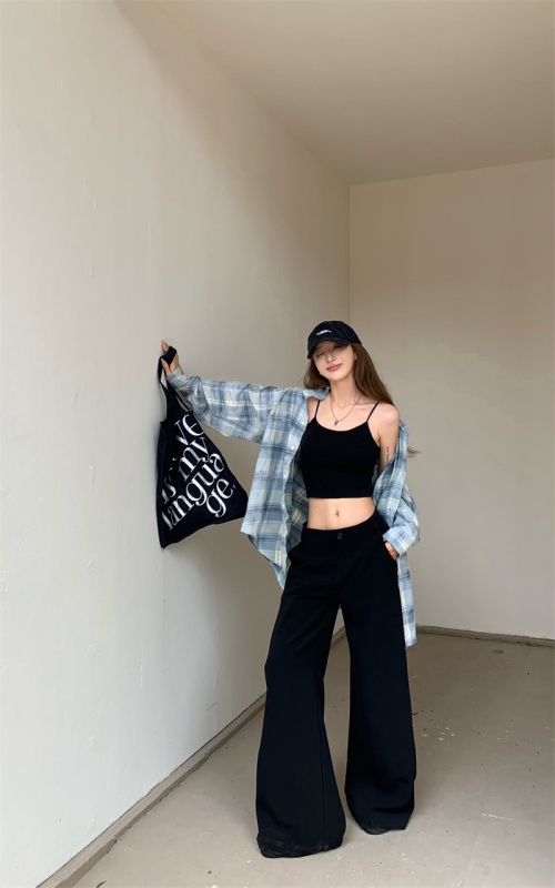 Fashion~Designed high-end American plaid loose plaid shirt + straight wide-leg trousers