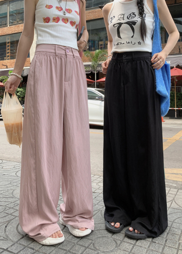 Thin casual pants with drapey silky smooth wrinkled pants with design elastic waist slimming wide leg pants solid color simple trousers for summer