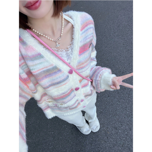 Winter thick V-neck knitted cardigan for women with small fragrant style rainbow splicing contrasting milk series soft waxy high-end trendy top