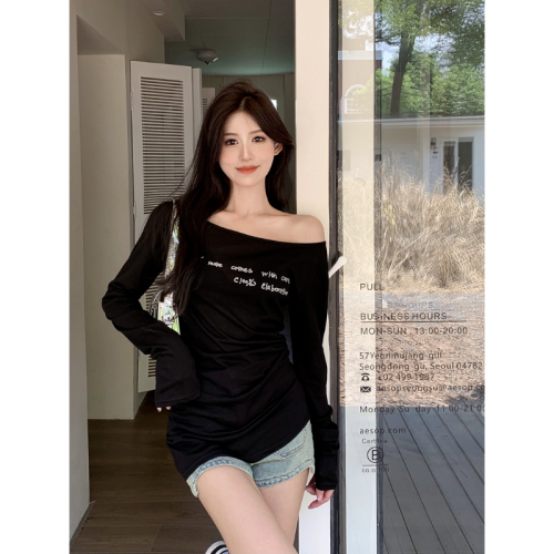 Pure lust hot girl letter printed slant collar T-shirt women's summer see-through long-sleeved sun protection top