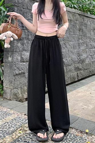 New loose slimming wide leg pants elastic waist drawstring straight solid color casual walking pants for women