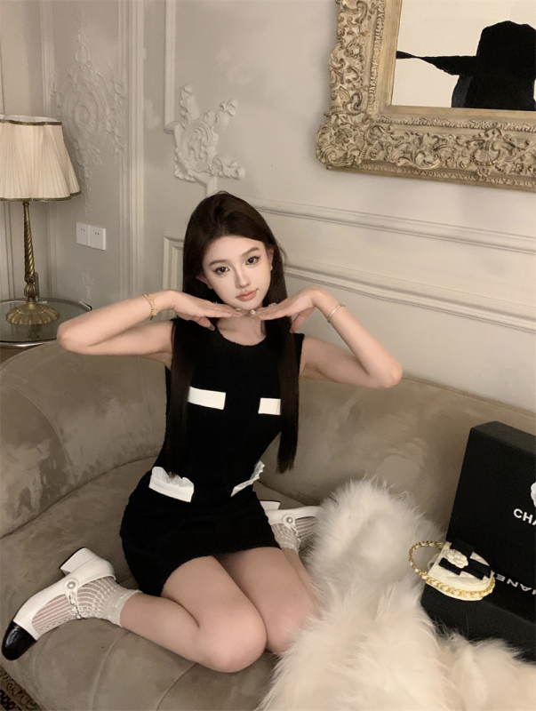 Real shot tweed little black dress black sleeveless vest dress
