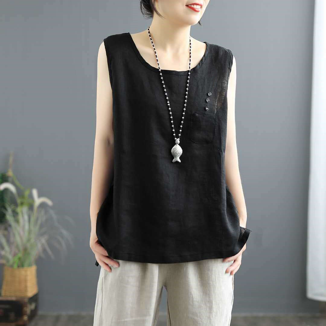 Large Size Cotton and Linen Tops Women's 2024 Summer New Loose Sleeveless Vest Women's Solid Color Slit Pocket Buttons