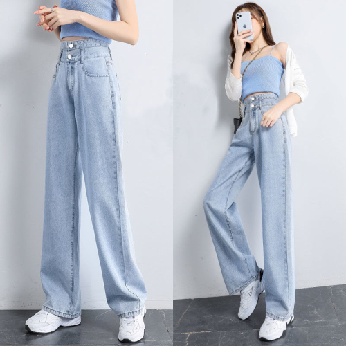 2024 Spring and Summer New High Waist Double Button Straight Jeans Women's Loose Casual Wide Leg Pants Versatile