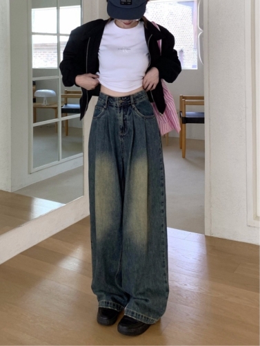 Autumn and winter high-waisted retro wide-leg jeans for women, loose floor-length casual pants, straight pants