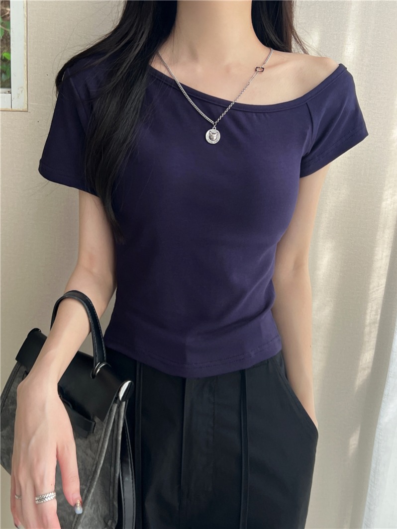 實拍 真   夏季新款斜肩短袖修身T恤短款上衣女