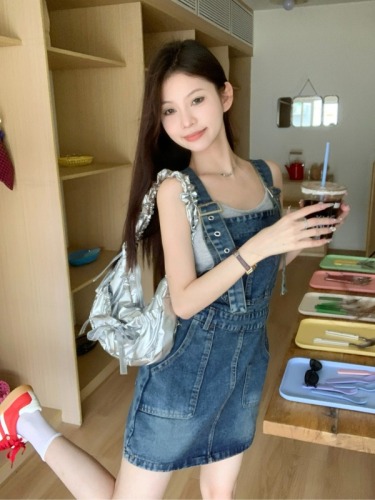 Real shot!  Summer vitality workwear denim suspender skirt summer American short dress age-reducing skirt