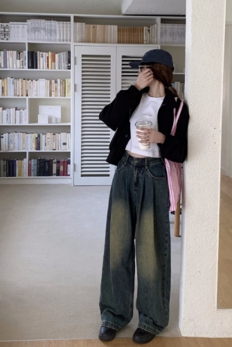 Autumn and winter high-waisted retro wide-leg jeans for women, loose floor-length casual pants, straight pants