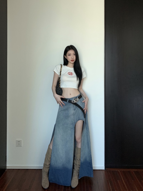 Real shot and real price gradient color irregular side slit denim skirt for women summer new drape skirt
