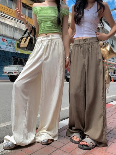 Thin casual pants with drapey silky smooth wrinkled pants with design elastic waist slimming wide leg pants solid color simple trousers for summer