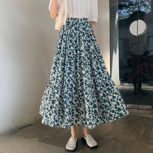 Summer floral chiffon pleated high-waisted skirt for women summer new small A-line skirt long skirt