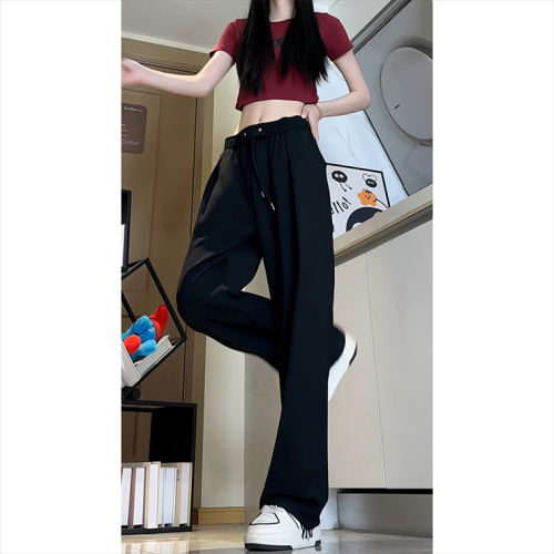 Thin, cool ice silk trousers for women, summer high-end trendy brand floor-length trousers, loose wide-leg straight casual trousers