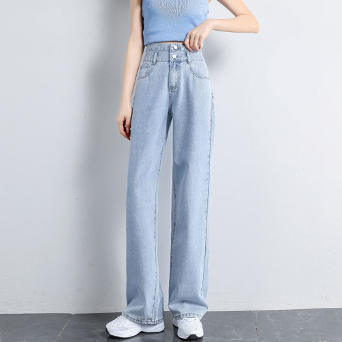 2024 Spring and Summer New High Waist Double Button Straight Jeans Women's Loose Casual Wide Leg Pants Versatile