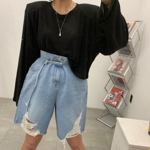 Lace-up high-waisted loose-fitting wide-leg denim shorts