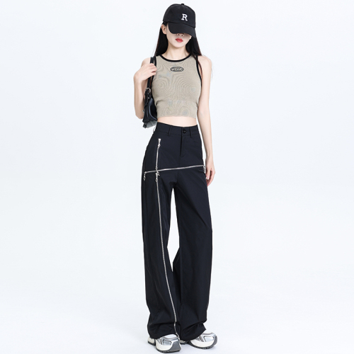 Real shot of summer thin loose high-waisted fashionable irregular wide-leg pants with zipper casual pants for women