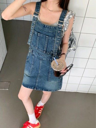 Real shot!  Summer vitality workwear denim suspender skirt summer American short dress age-reducing skirt