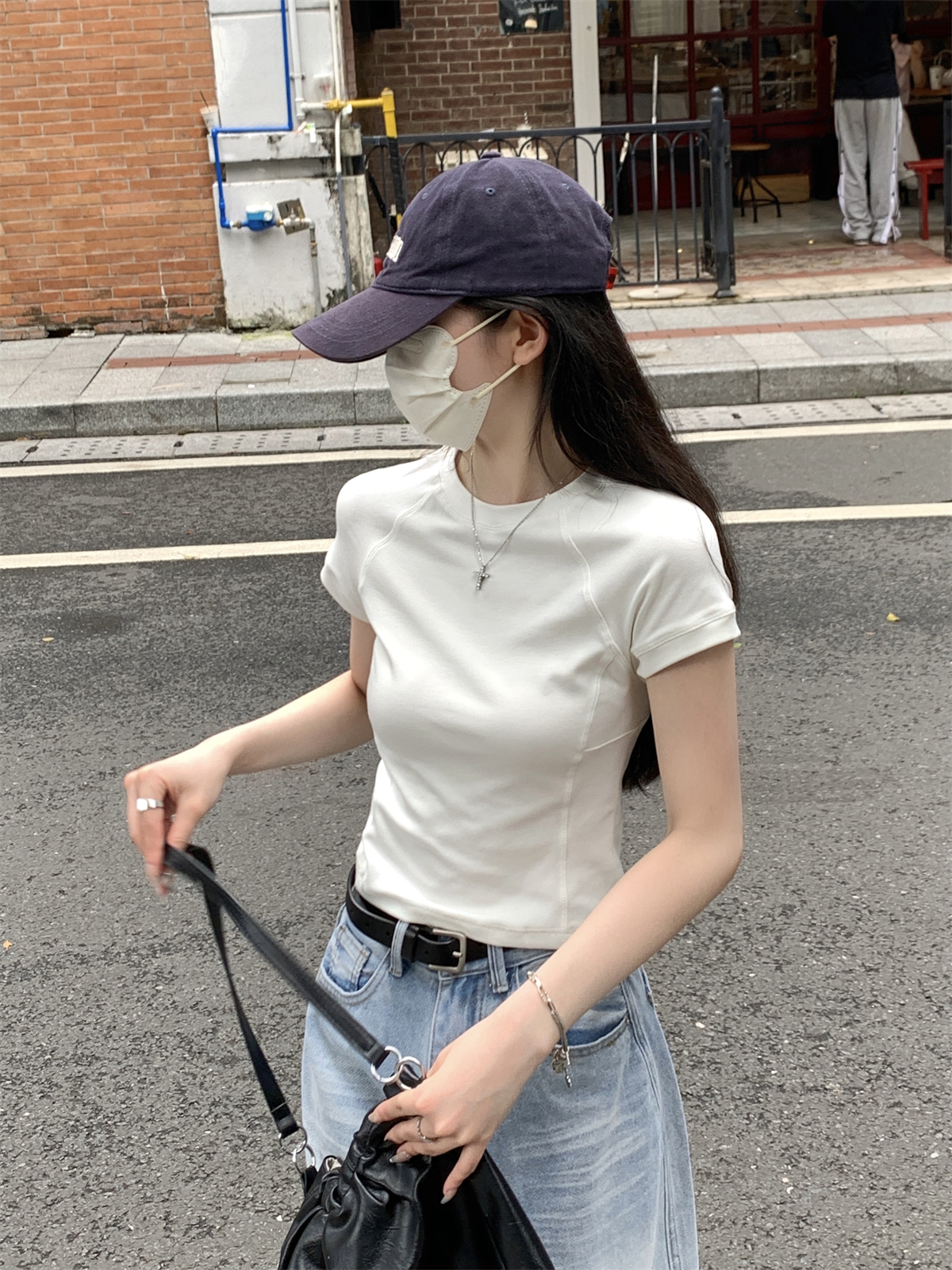 實拍 夏季韓版修身插肩圓領魚骨設計感純棉百搭短袖上衣T恤