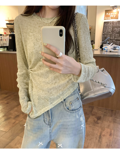 Official photo Slightly see-through sunscreen long-sleeved knitted blouse with irregular hem and exposed waist pleated air-conditioning shirt for women