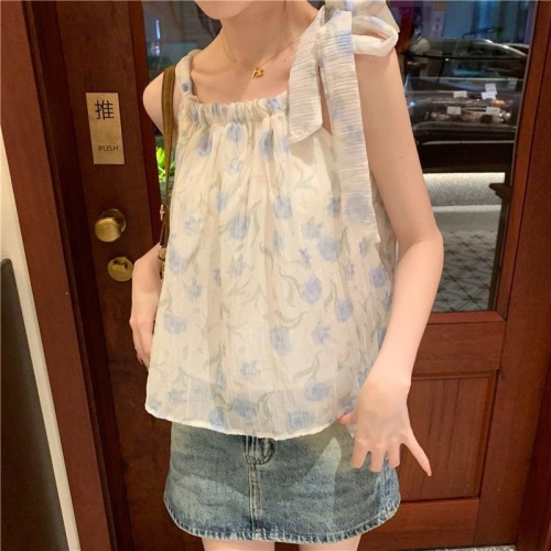 Cute floral summer lace-up pure desire sleeveless hot girl soft girl short camisole women's top slimming style