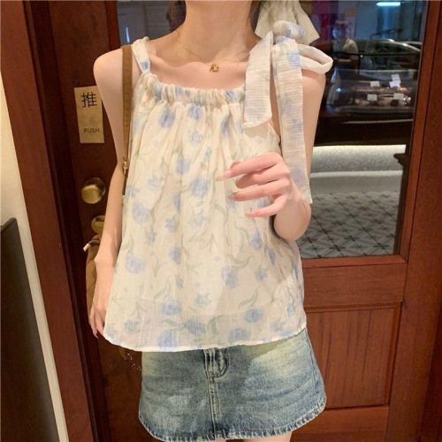 Cute floral summer lace-up pure desire sleeveless hot girl soft girl short camisole women's top slimming style