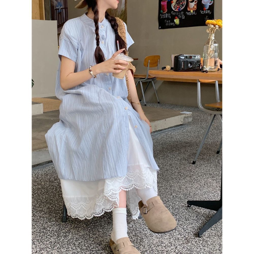 Blue striped short-sleeved shirt dress for women summer 2024 new Korean style loose mid-length layered two-piece set