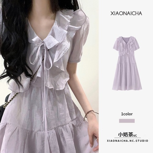 Summer new tea break French purple V-neck dress women's waist slimming A-line skirt high-end temperament long skirt