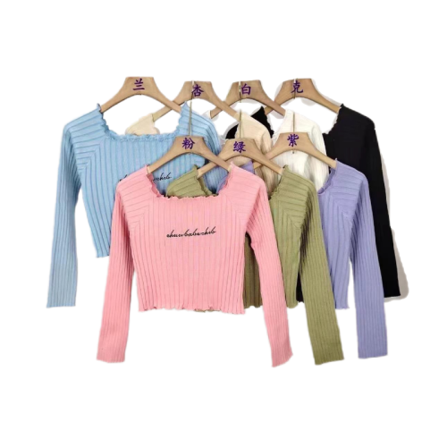 2024 new autumn style temperament square neck letter embroidered navel-baring knitted long-sleeved top for women