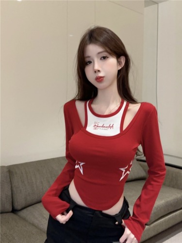 American red long-sleeved T-shirt for women in early autumn design niche print slimming fake two-piece short top